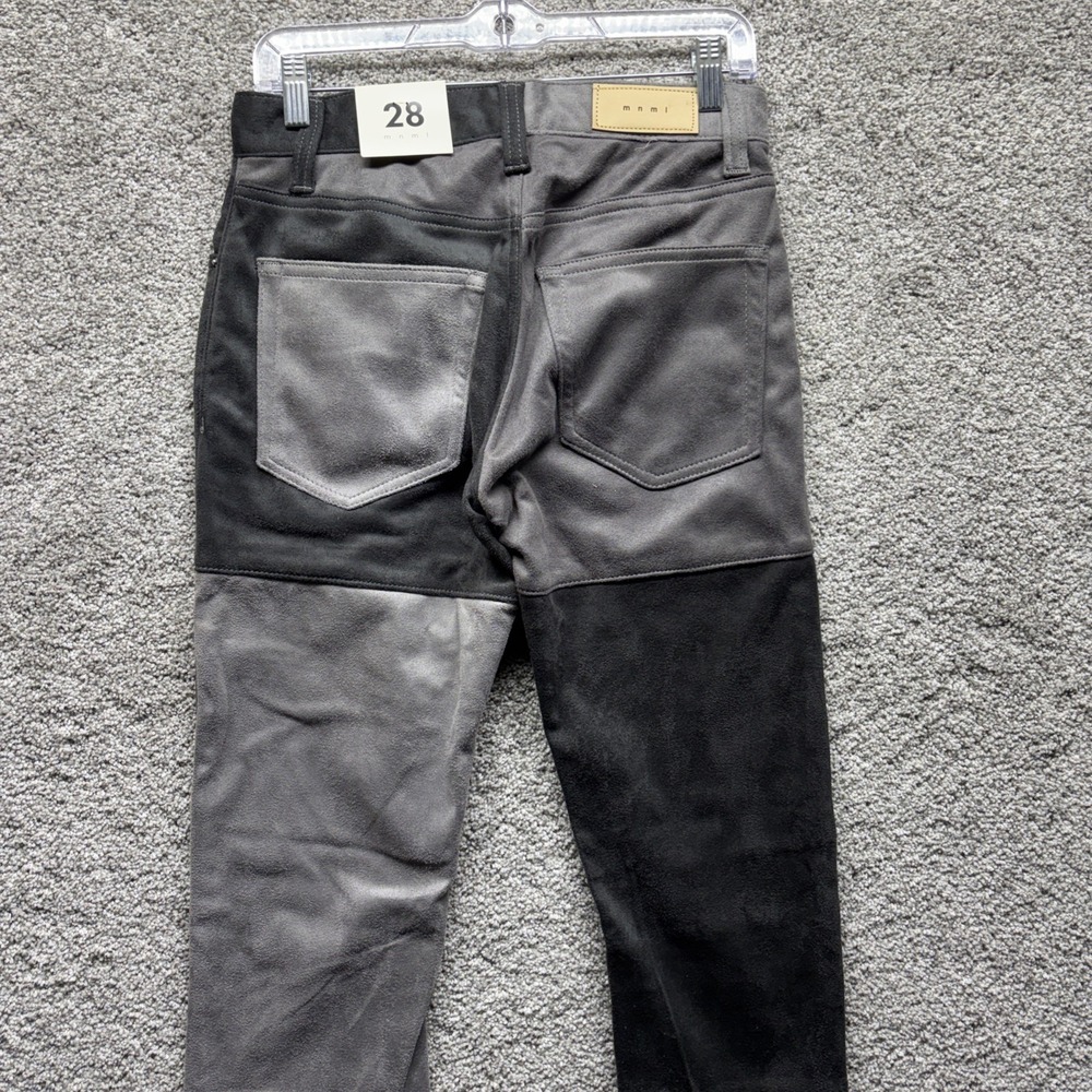 MNML Denim Button Fly Jeans Patchwork Suede Mens 28x34 Colorblock Black Gray NWT - Picture 11 of 16